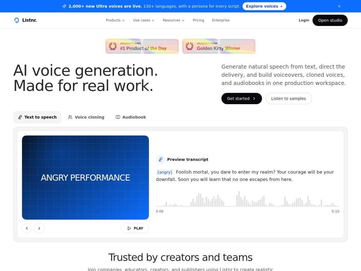 Listnr Review 2026: Turn Your Blog Into a Podcast With AI Listnr website homepage